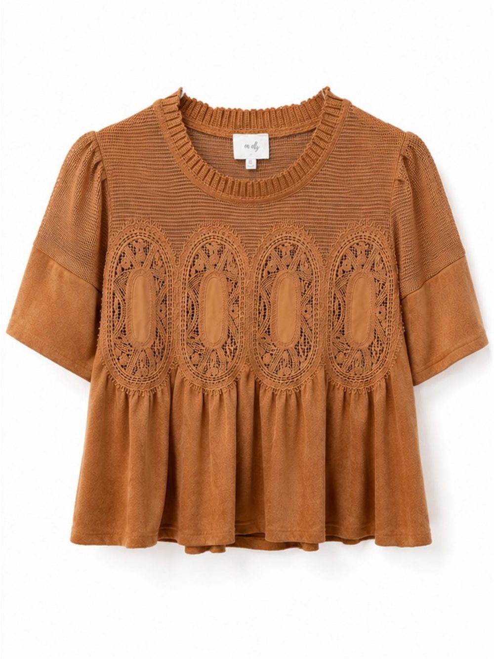 En Elly Crochet Lace & Faux Suede Peplum Top – Camel – Size Small